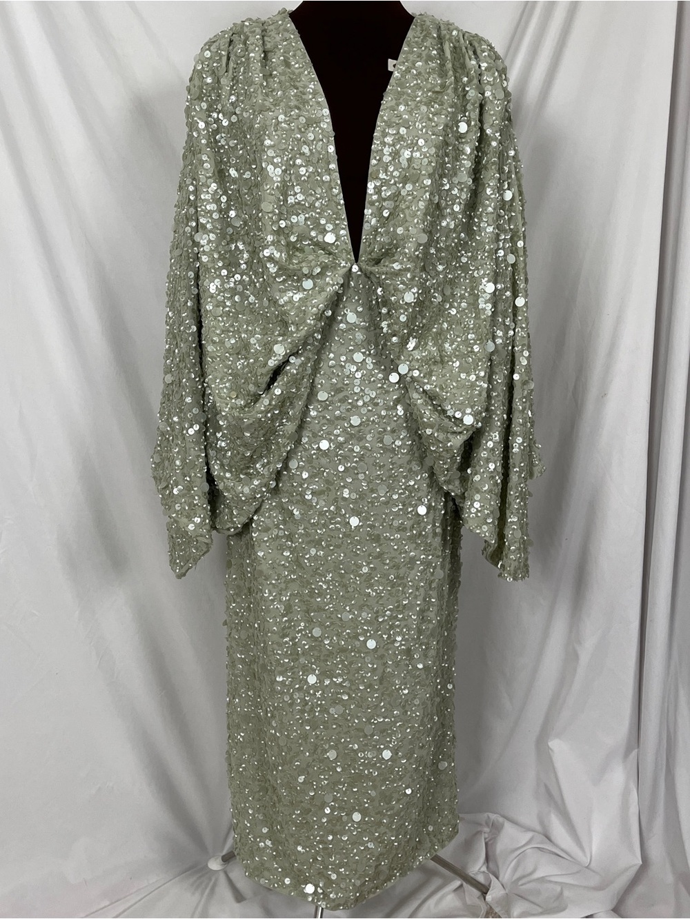 ASOS EDITION Kimono Sleeve Drape Back Sequin Midi Dress Mint Green NWT FLAWED 8